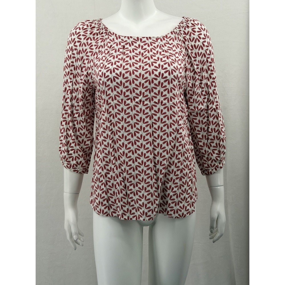 Olsen Europe Top Womens Small Red White Floral 3/4 Sleeve Boho Peasant Feminine